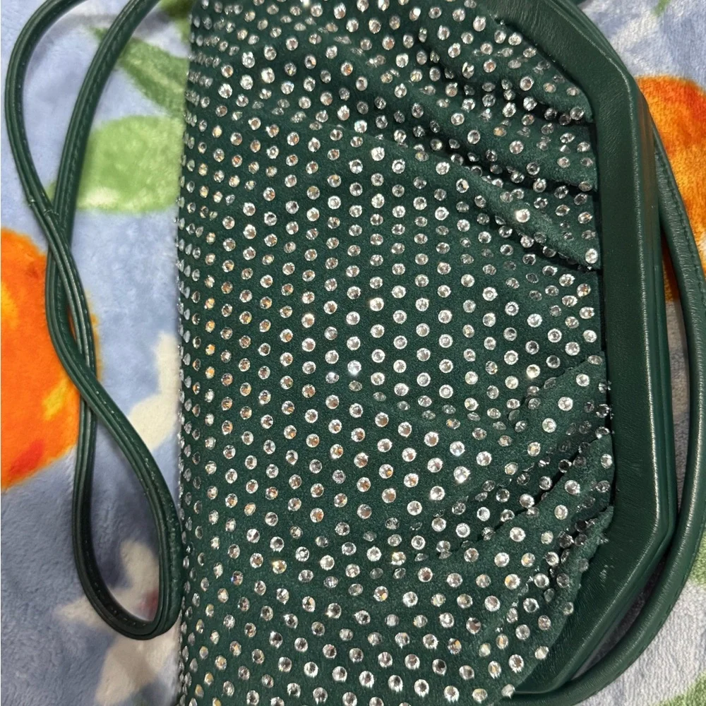 Dark Green Vince Camuto Genuine Leather Rhinestone Studded Crossbody Bag NWT - Picture 16 of 17